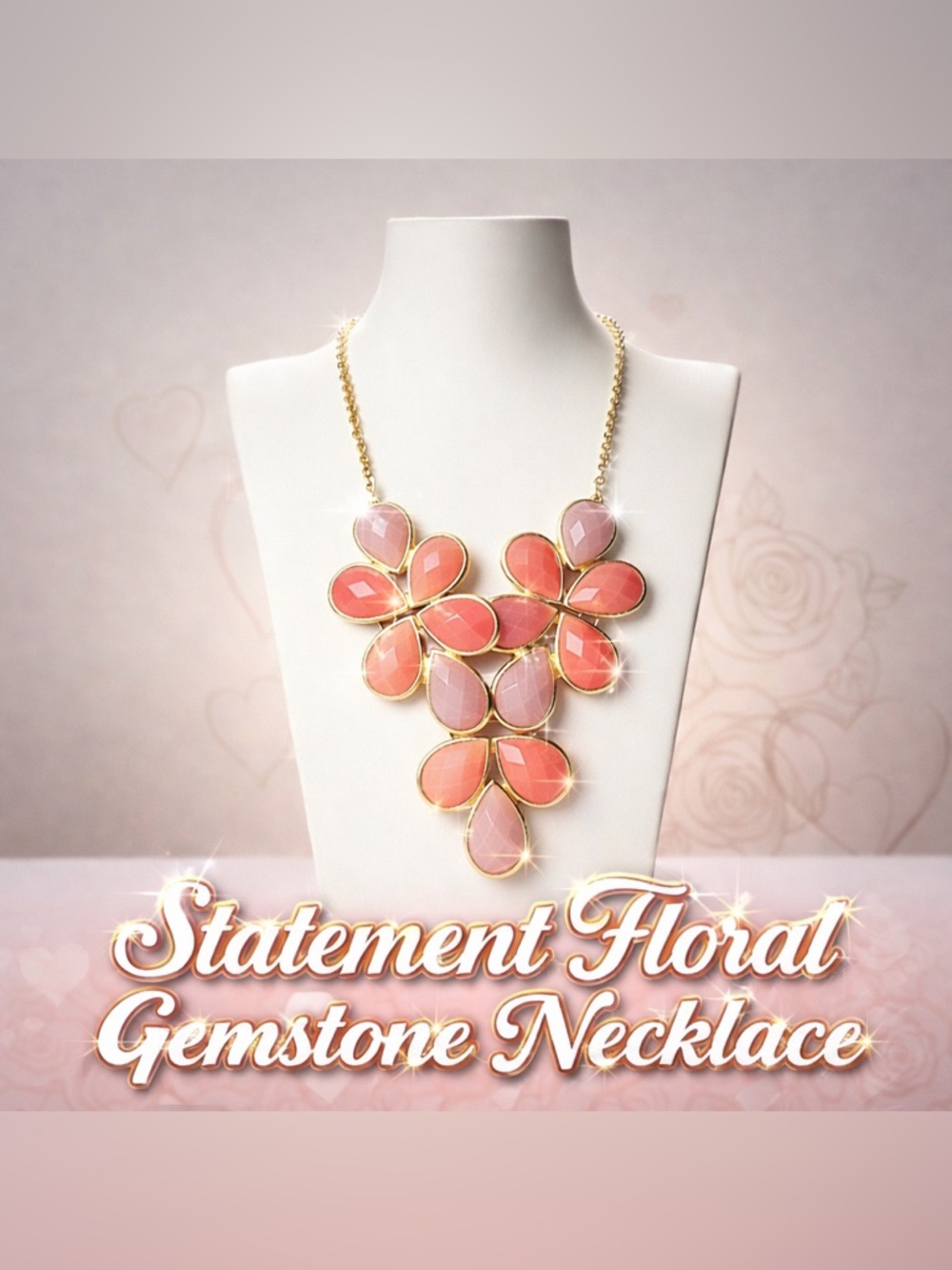 Statement Floral Gemstone Necklace Coral Blush Pink Gold Tone Bold Jewelry